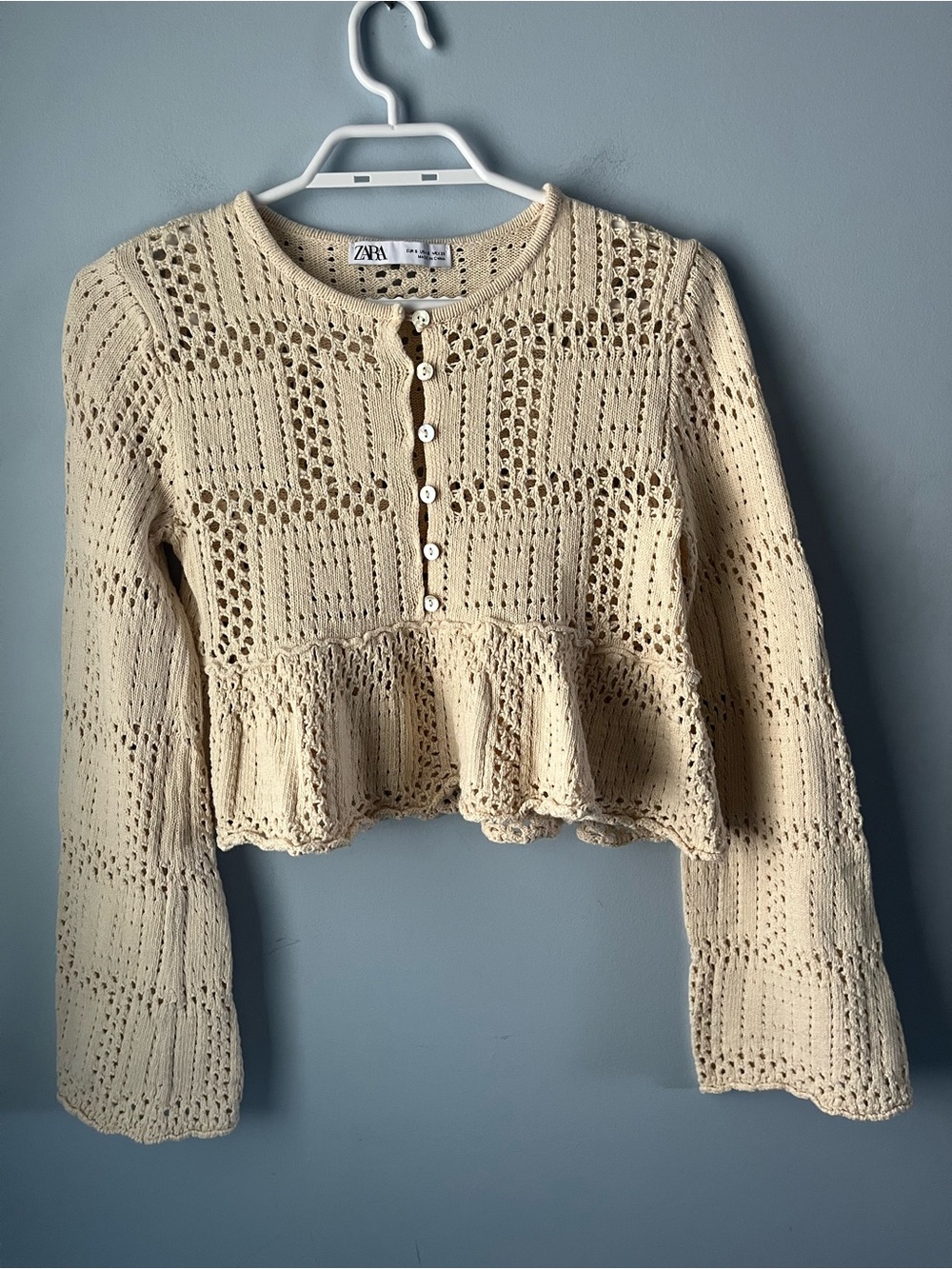 Zara Cream 100% Cotton Crochet Peplum Button-Up Long Sleeve Top Size S